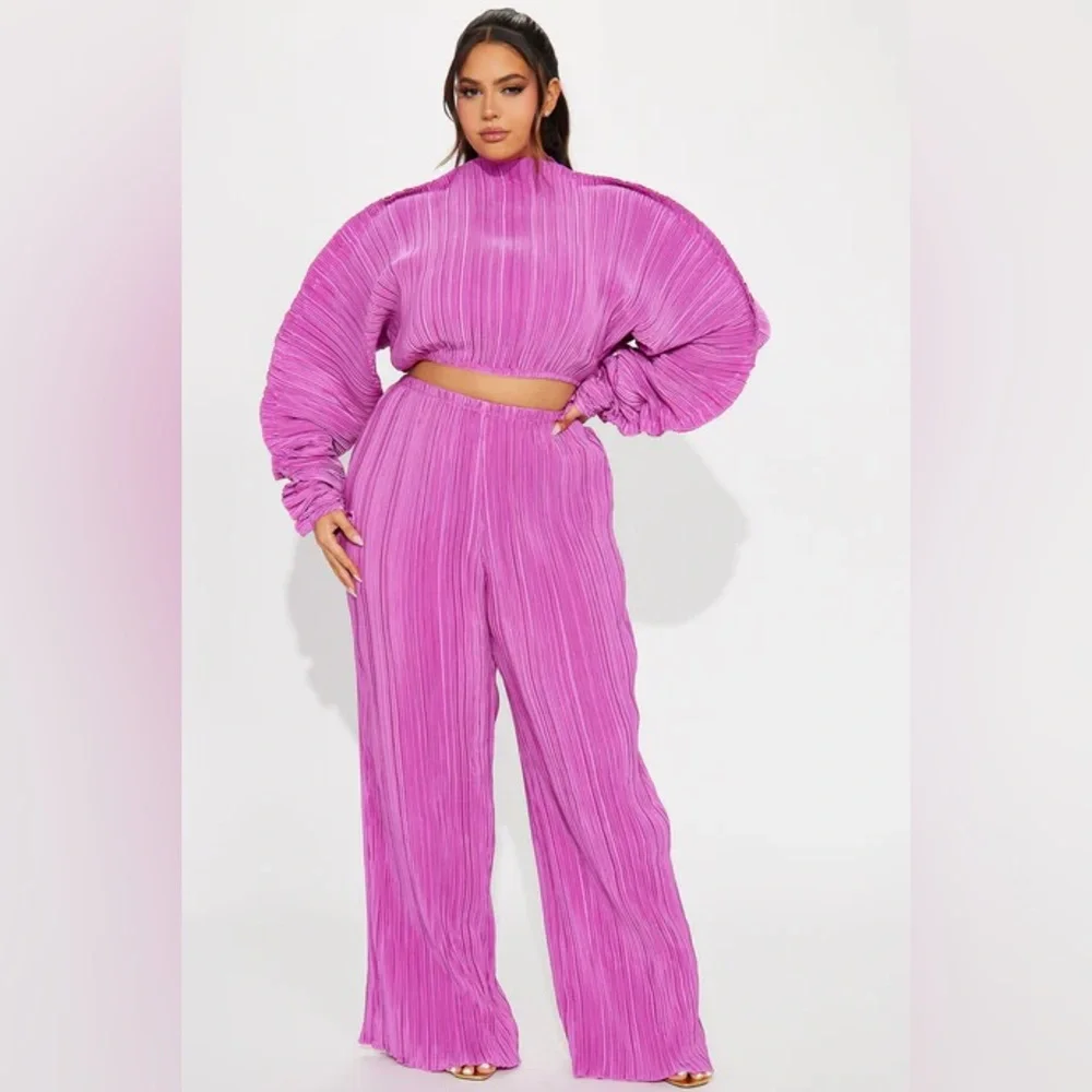The Perfect Match Plisse Pant Set - Fuchsia